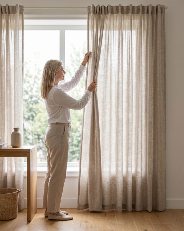 Linen Whisper Sheer Curtains – Elegant Semi-Shade Drapes in Beige, Grey or Cream White | Soft S-Fold Luxury Window Panels