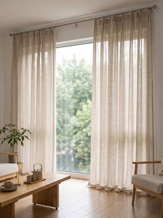Linen Whisper Sheer Curtains – Elegant Semi-Shade Drapes in Beige, Grey or Cream White | Soft S-Fold Luxury Window Panels