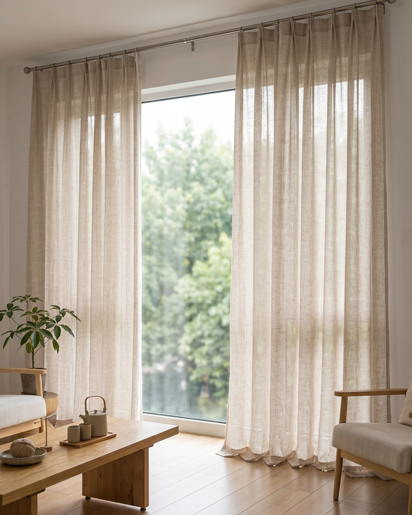Linen Whisper Sheer Curtains – Elegant Semi-Shade Drapes in Beige, Grey or Cream White | Soft S-Fold Luxury Window Panels